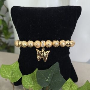 Gold Filled Bead Stretch Bracelet With Butterfly Charm